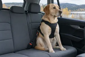 Lys labrador sitter i baksetet på en bil med svart polstret bilsele festet til bilbeltet, grått seteinteriør og dagslys gjennom sidevinduet