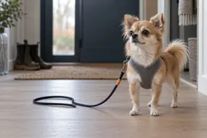 Liten langhåret hund av chihuahuatypen står på et lyst eikegulv i en gang med en grå vestsele i mesh og et tynt bånd på gulvet