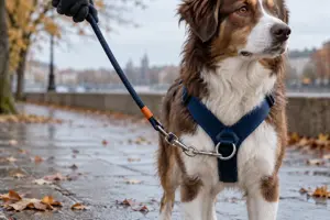 Brun og hvit hund på et vått fortau med løv, i marineblå Y-sele der båndet er festet i en ring foran på brystet