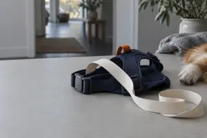 Et mykt målebånd ligger over en sammenbrettet marineblå hundesele på et lyst bord, med en sovende hunds pote i kanten av bildet
