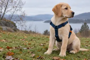 Lys labradorvalp sitter på en plen med høstløv i en marineblå justerbar sele, med en innsjø og åser i bakgrunnen