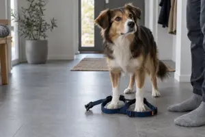 Mellomstor hund står med forbeina inne i en åpen, flat step-in-sele på gulvet i en gang, mens eieren bare sees som legger i sokker