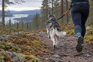 Husky i lang trekksele løper foran en løper på en skogssti, koblet med strikkline til et belte rundt livet på løperen, som bare sees fra livet og ned