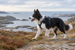 Svart og hvit hund av bordercollietypen trasker på en kyststi i lyng, i marineblå Y-sele der stroppen går mellom forbeina