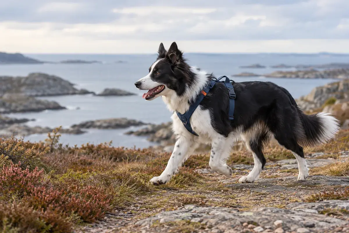 Svart og hvit hund av bordercollietypen trasker på en kyststi i lyng, i marineblå Y-sele der stroppen går mellom forbeina