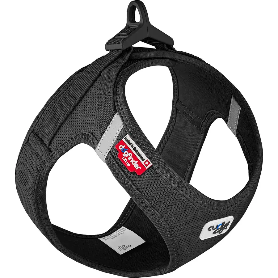 Svart Curli Vest Air-Mesh step-in-sele i nettingstoff med festeklemme øverst og refleksfelt, på hvit bakgrunn